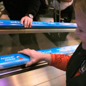 Woman riding up escalator holding adrail handrail