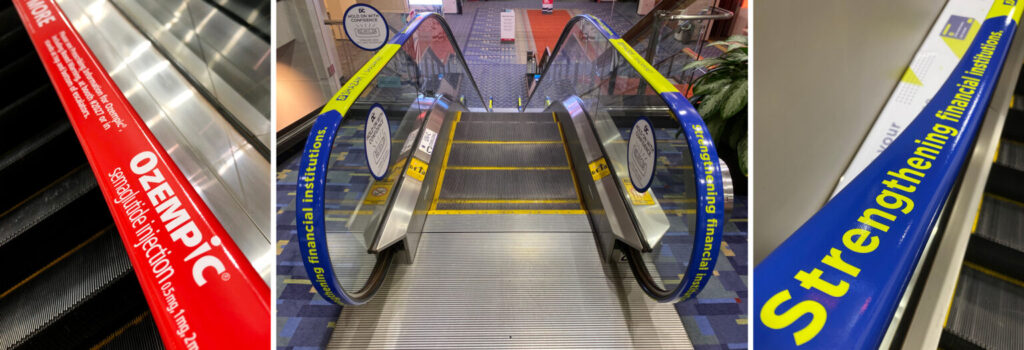 Three combo images of adrail escalator handrails